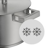 Nahaufnahme eines Topfes aus Edelstahl mit Deckel und Griffen, Teil des WMF Ultimate Cool Topf-Sets, mit einem Symbol für Kühleigenschaften.