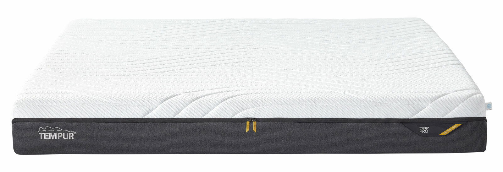 Viscomatratze 180x200 cm in mittlerer Festigkeit, seitliche Perspektive, mit weißem Bezug und grauem Rand.