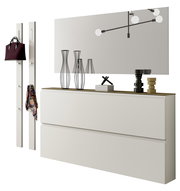 Modernes Garderobenset mit Spiegel, zwei weißen Paneelen mit Haken, einer Kommode und dekorativen Vasen, seitliche Perspektive