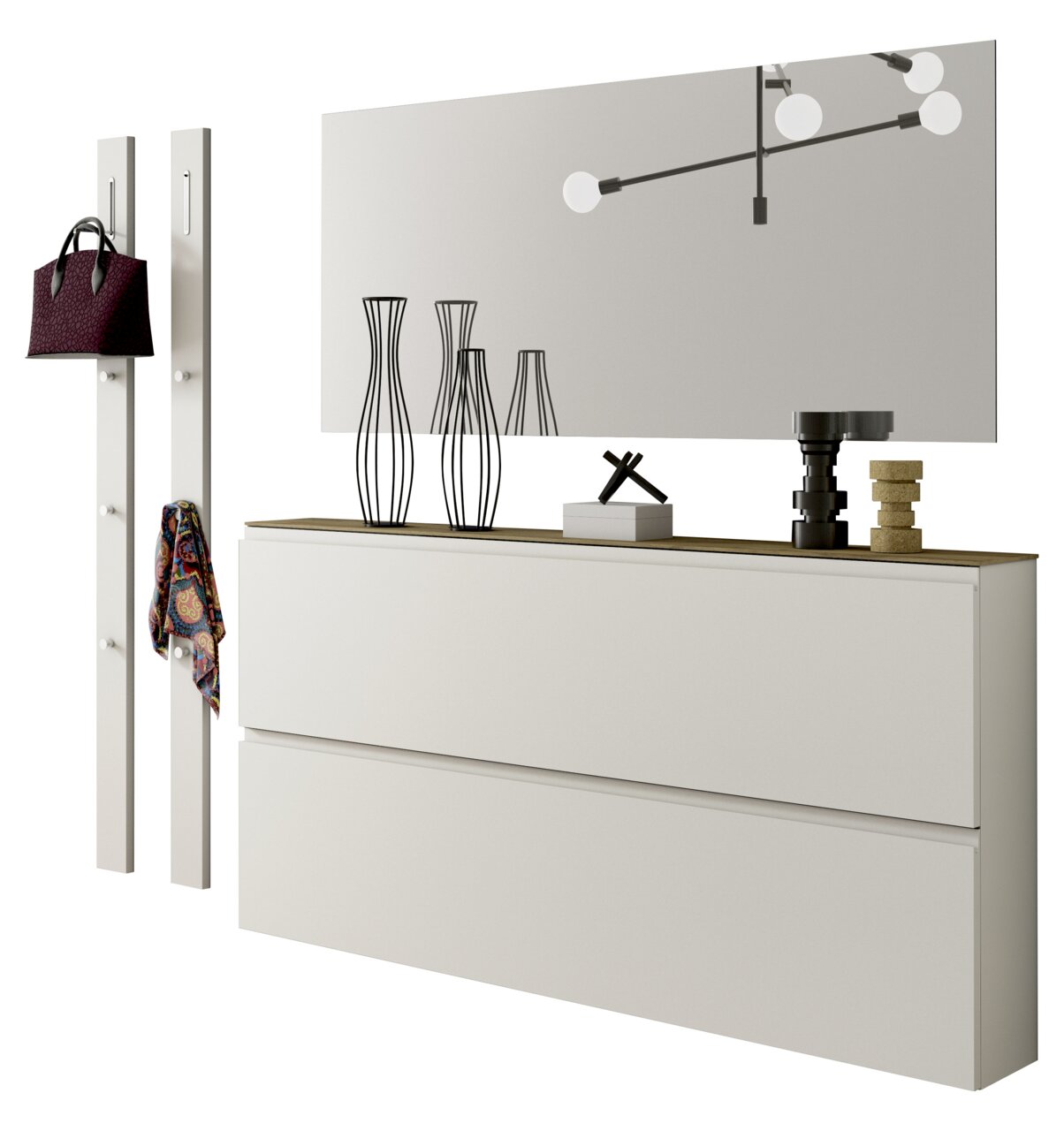 Moderano Garderoben-Set LECCO Modernes Garderobenset mit Spiegel, zwei weißen Paneelen mit Haken, einer Kommode und dekorativen Vasen, seitliche Perspektive