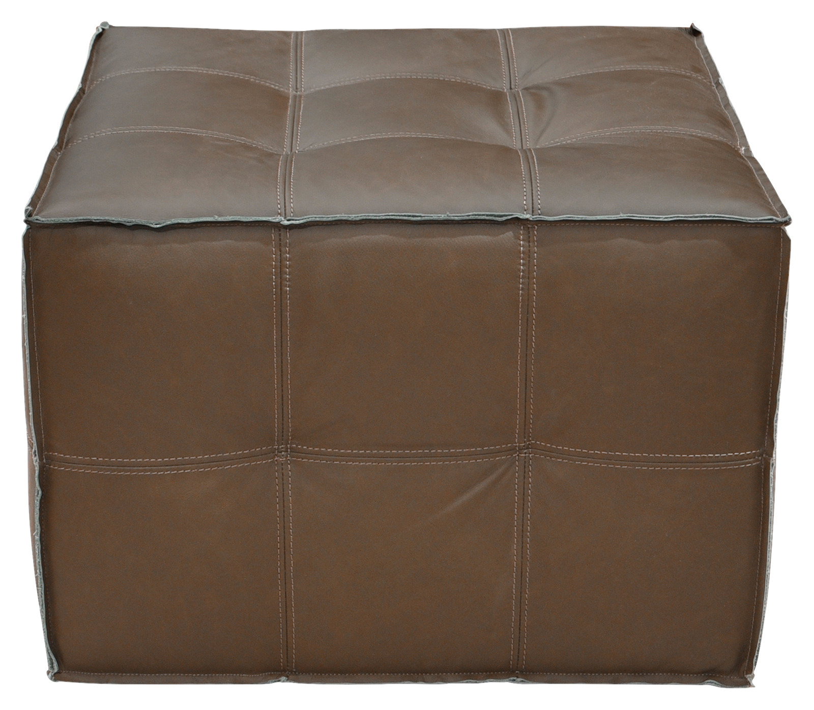 Brauner, quadratischer Hocker aus Leder mit gestepptem Muster, Frontalansicht