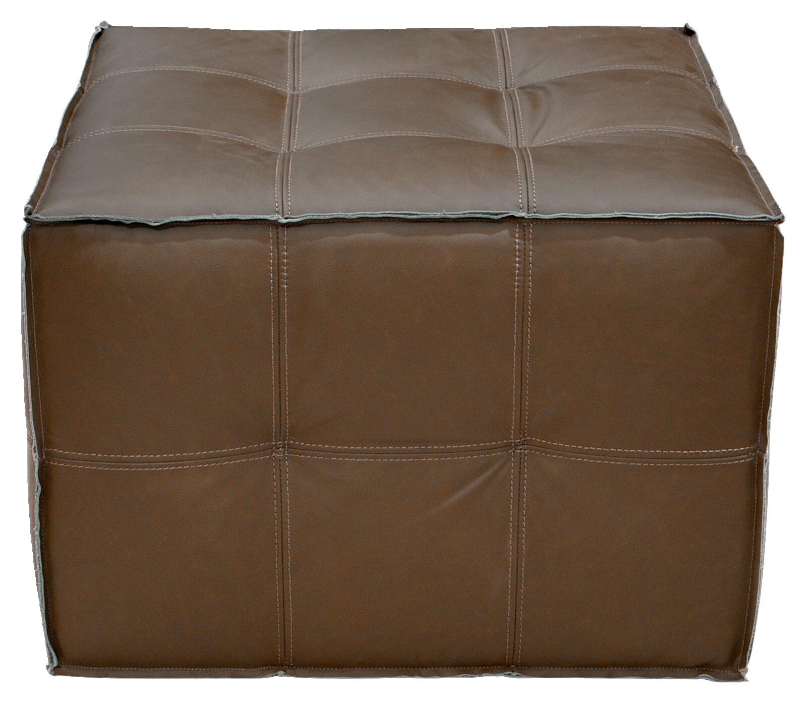 Brauner, quadratischer Hocker aus Leder mit gestepptem Muster, Frontalansicht
