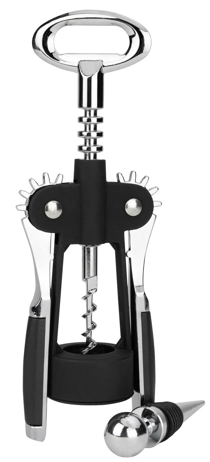 Korkenzieher mit Flaschenverschluss, frontal abgebildet, mit schwarzem und silbernem Design.