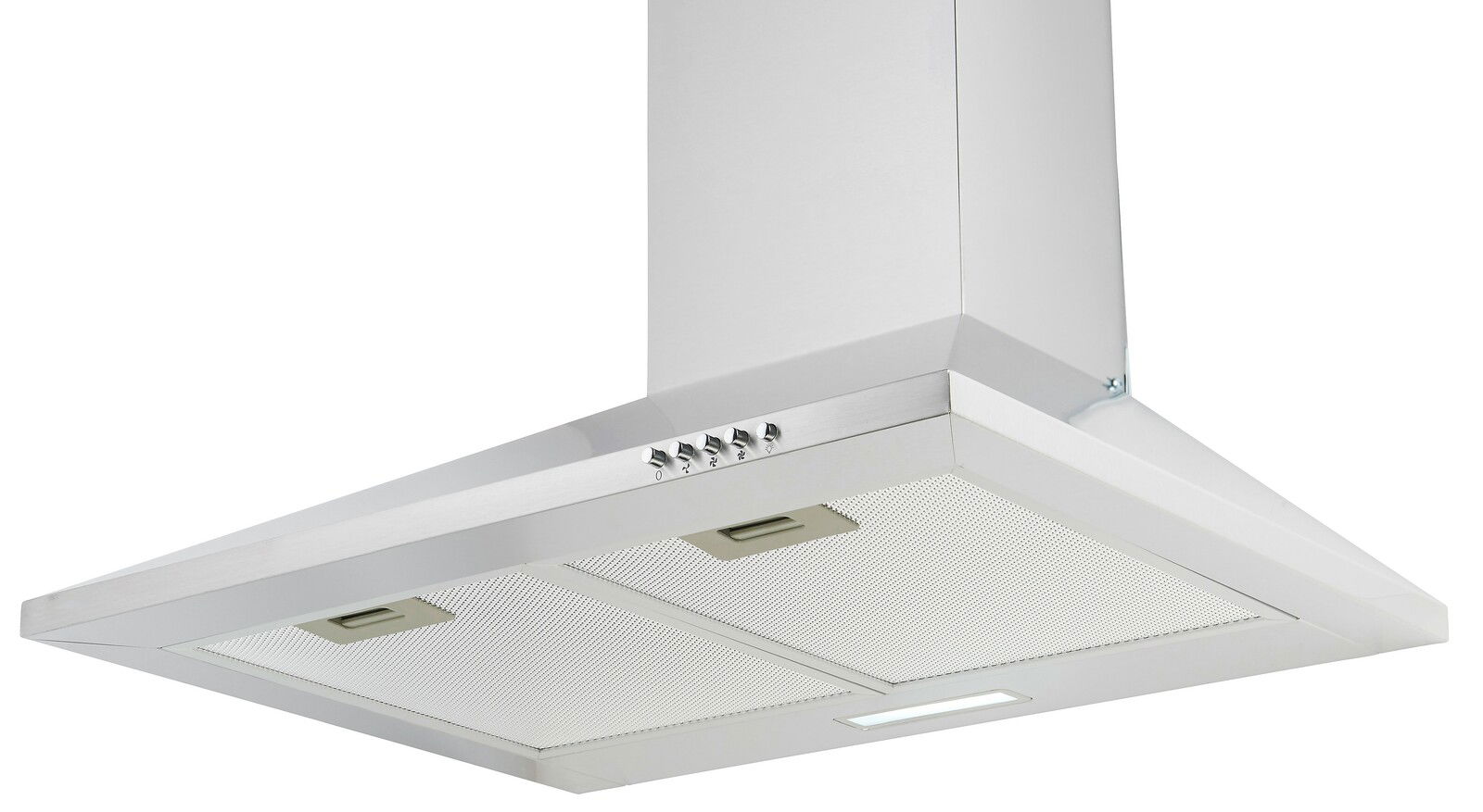 Moderne Edelstahl-Dunstabzugshaube aus der Froschperspektive mit Bedienelementen und Beleuchtung.