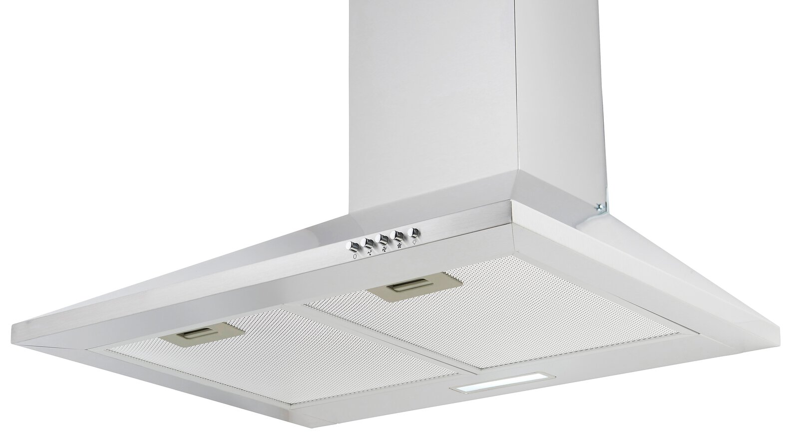 Moderne Edelstahl-Dunstabzugshaube aus der Froschperspektive mit Bedienelementen und Beleuchtung.