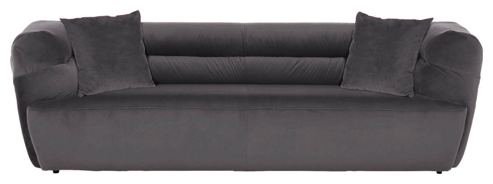 Großes, modernes Big-Sofa in dunklem Grau mit zwei passenden Kissen, frontal fotografiert.
