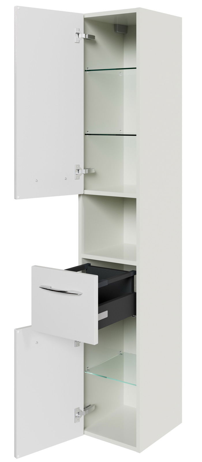 Hochschrank mit geöffneten Türen und Schublade, seitliche Perspektive