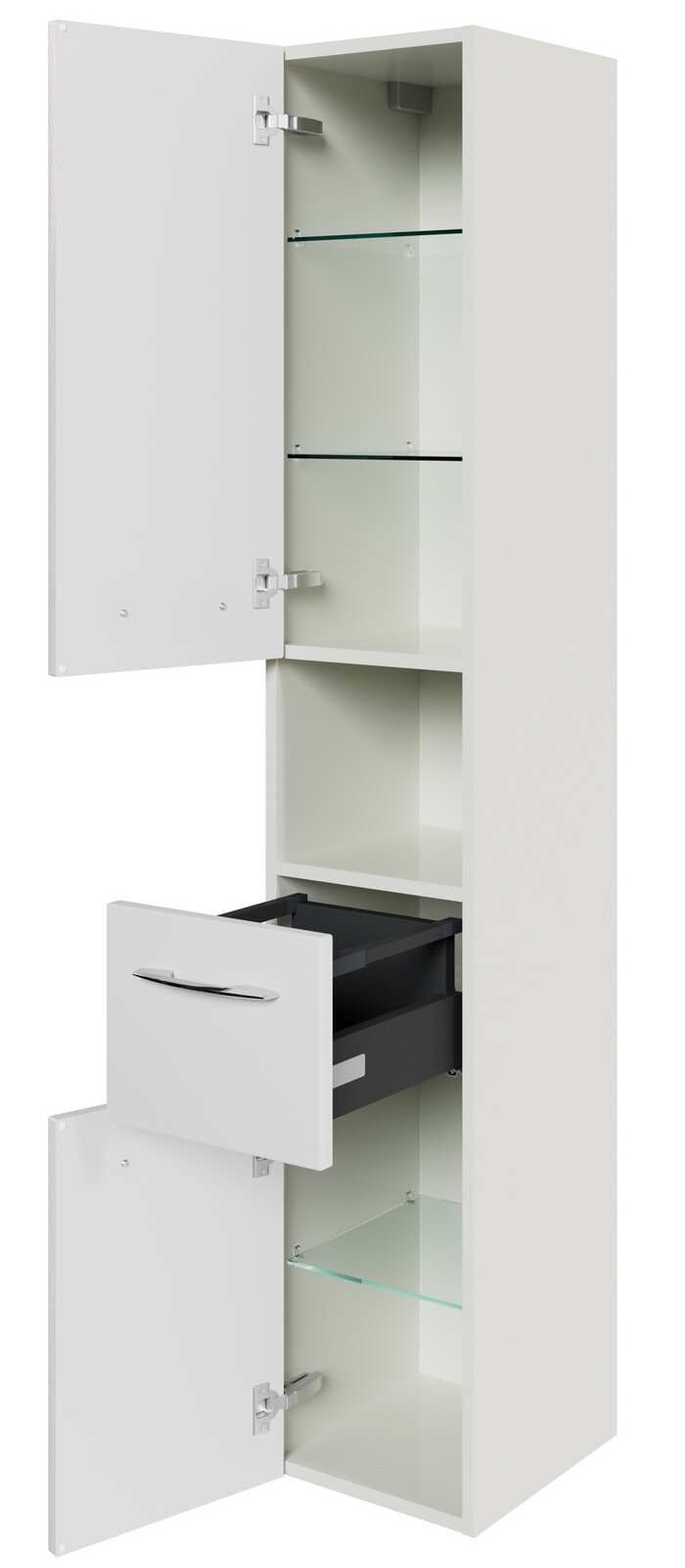 Hochschrank mit geöffneten Türen und Schublade, seitliche Perspektive