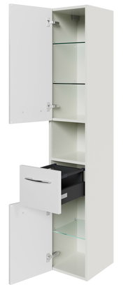 Hochschrank mit geöffneten Türen und Schublade, seitliche Perspektive