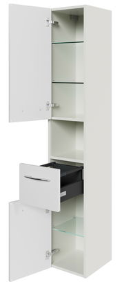 Hochschrank mit geöffneten Türen und Schublade, seitliche Perspektive