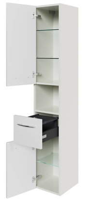 Hochschrank mit geöffneten Türen und Schublade, seitliche Perspektive