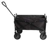 Schwarzer faltbarer Bollerwagen mit vier Rädern und einem Griff, seitliche Perspektive