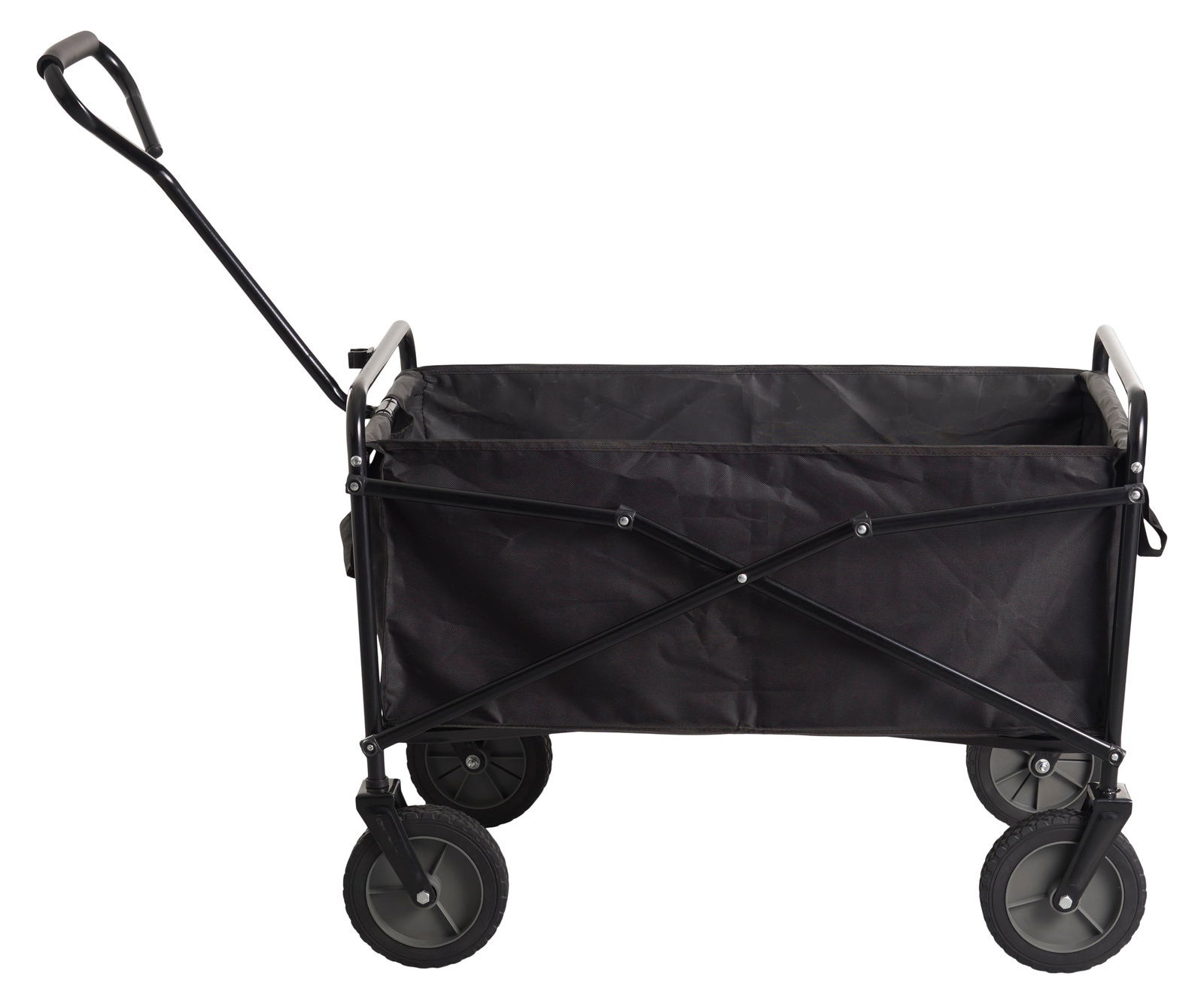 Schwarzer faltbarer Bollerwagen mit vier Rädern und einem Griff, seitliche Perspektive