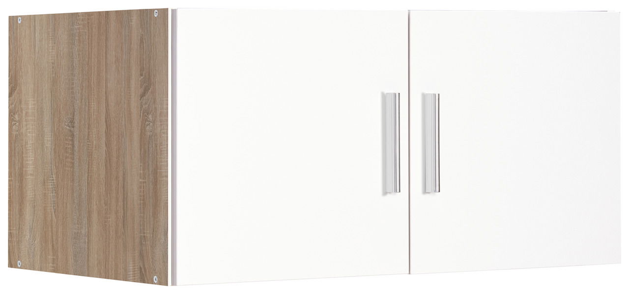 Küchenschrank mit zwei weißen Türen und Holzseite, seitliche Perspektive