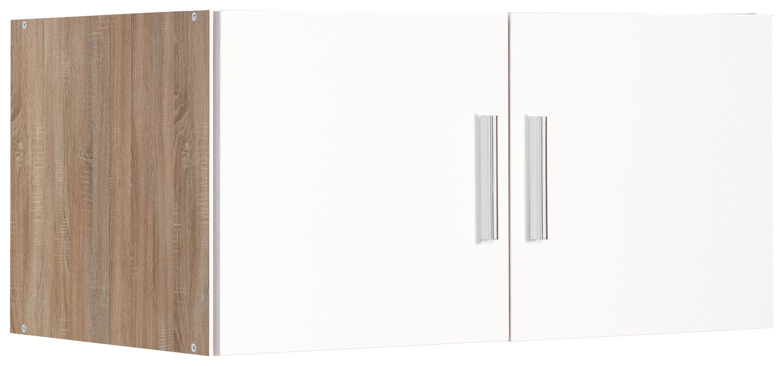 XORA Aufsatz T54 MALTA Küchenschrank mit zwei weißen Türen und Holzseite, seitliche Perspektive