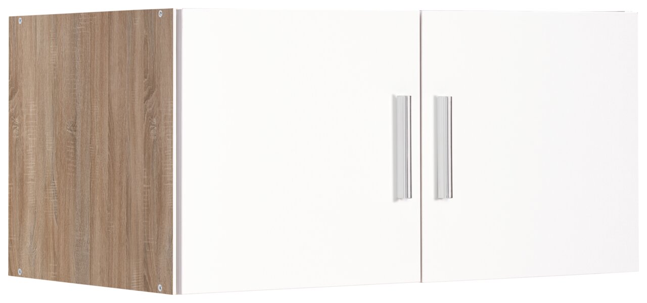 XORA Aufsatz T54 MALTA Küchenschrank mit zwei weißen Türen und Holzseite, seitliche Perspektive