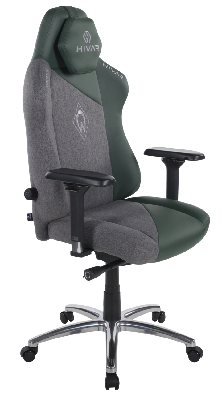 HIVAR Gaming Stuhl WERDER BREMEN Gaming Stuhl in seitlicher Perspektive mit grauem und grünem Bezug, verstellbaren Armlehnen und stabiler Metallbasis.