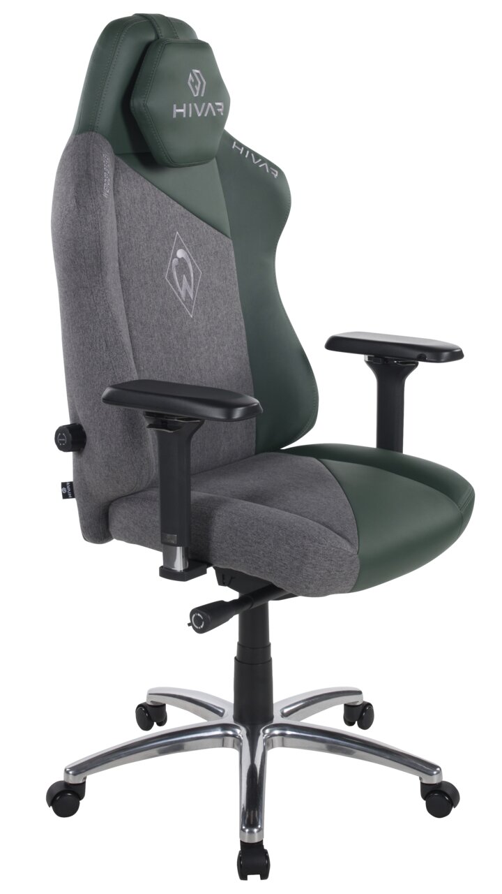 HIVAR Gaming Stuhl WERDER BREMEN Gaming Stuhl in seitlicher Perspektive mit grauem und grünem Bezug, verstellbaren Armlehnen und stabiler Metallbasis.