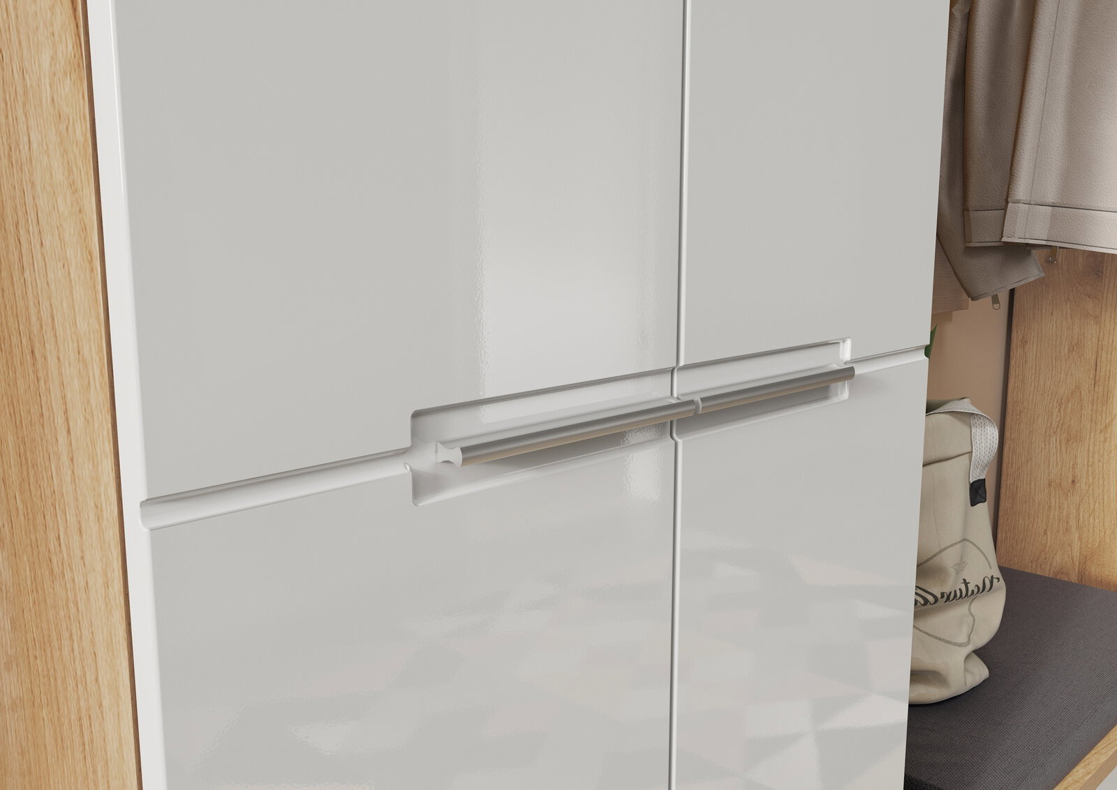MID.YOU Garderobenschrank ALEDO Nahaufnahme eines weißen Garderobenschranks mit glänzender Oberfläche und modernen Griffen, seitliche Perspektive.