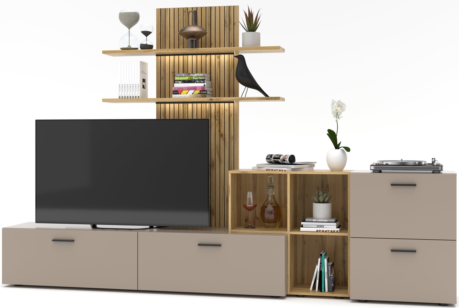 Moderne Wohnwand mit TV, Regalen und Schränken in Holzoptik, frontal betrachtet.