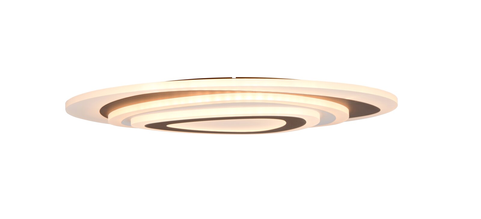 Moderne runde LED-Deckenleuchte in Weiß mit konzentrischen Ringen und warmweißem Licht, Ansicht von unten in leichter Schrägperspektive.