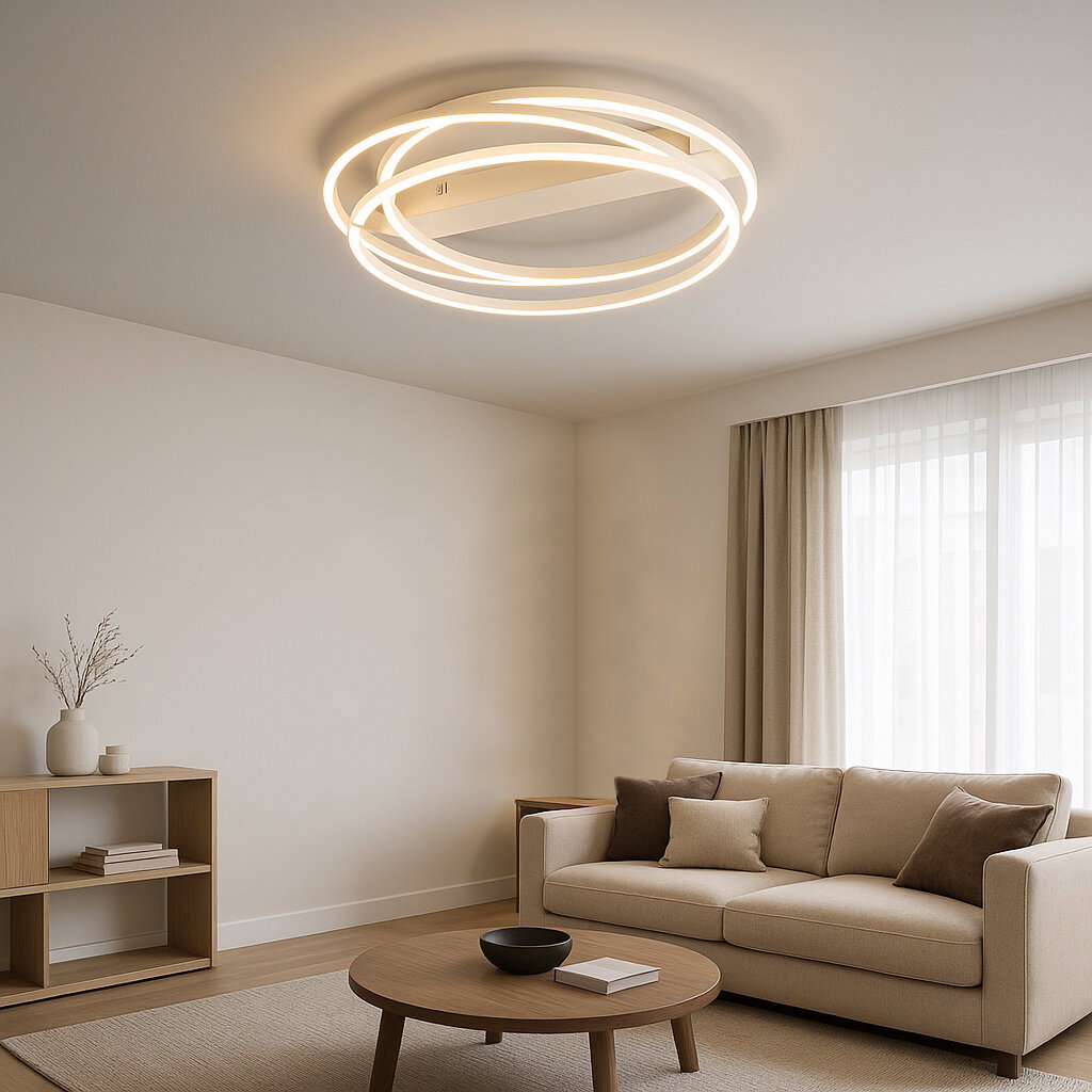 Moderne LED-Deckenleuchte mit drei überlappenden, leuchtenden Ringen in warmweiß, an der Decke eines minimalistischen Wohnzimmers montiert, Perspektive leicht von unten in den Raum