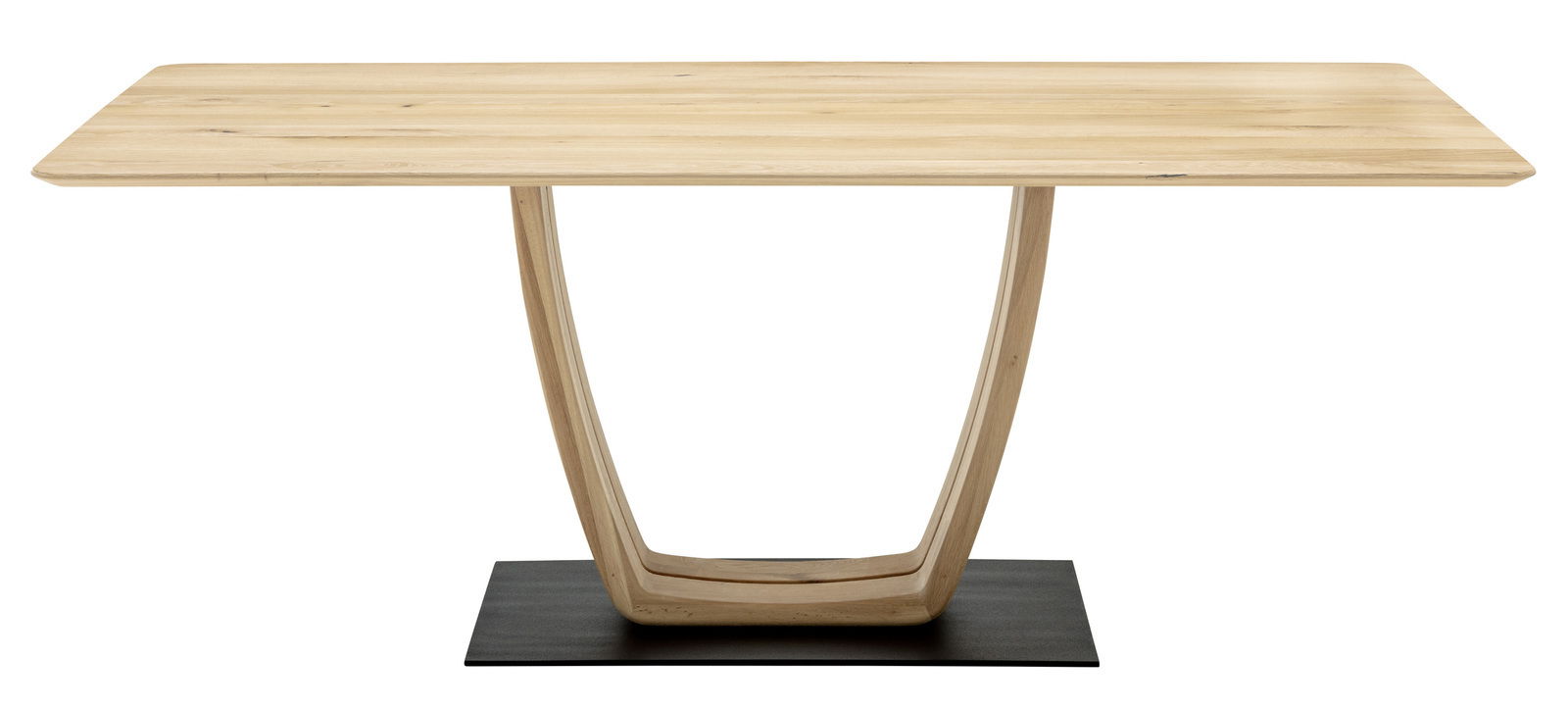 Moderner Esstisch aus Holz mit einzigartigem gebogenem Gestell und rechteckiger Tischplatte, seitliche Perspektive.