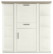 Frontale Ansicht eines weißen Highboards mit Karussell, zwei seitlichen Regalen und zwei Schubladen.