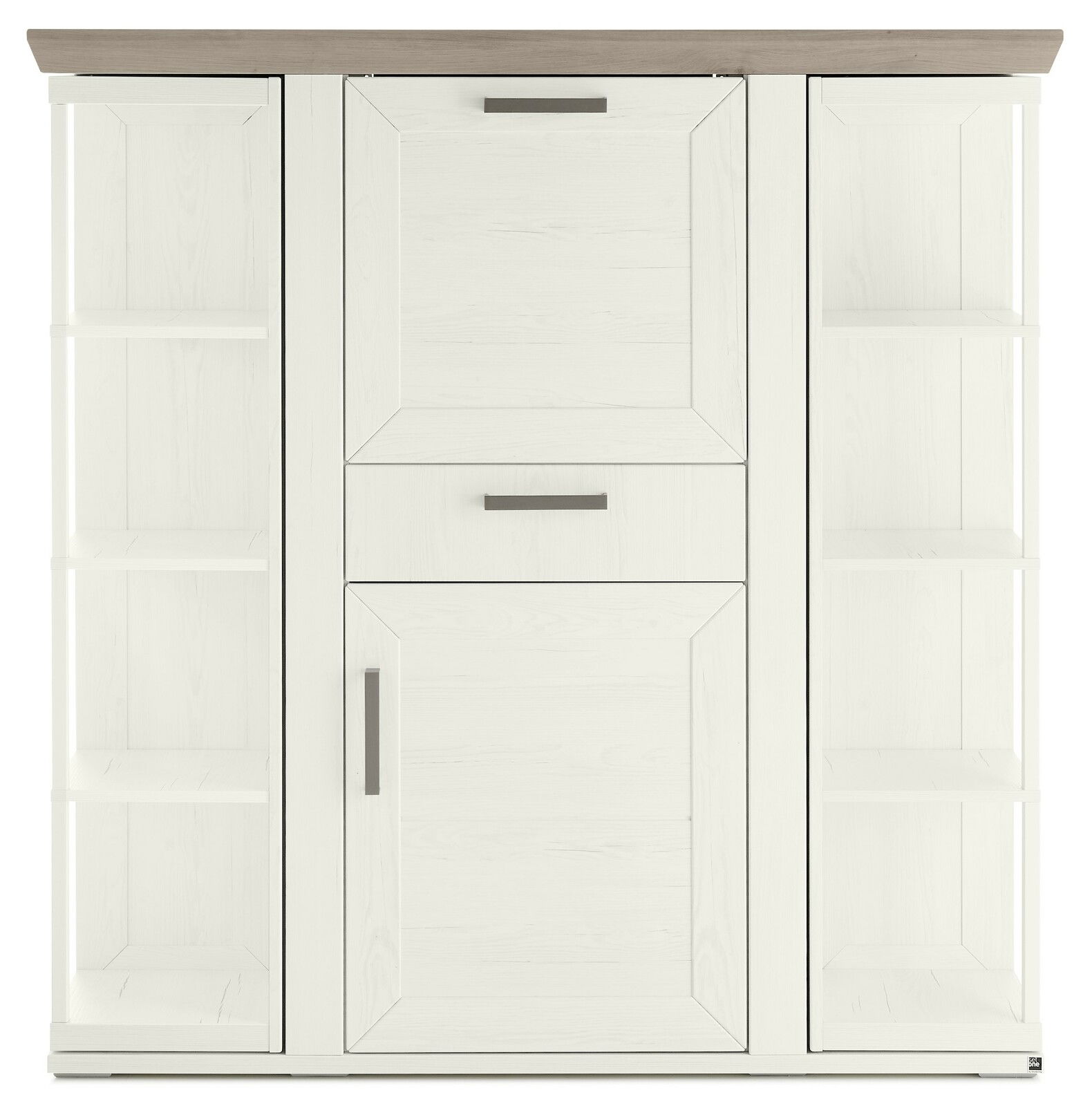 Frontale Ansicht eines weißen Highboards mit Karussell, zwei seitlichen Regalen und zwei Schubladen.