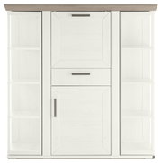 Frontale Ansicht eines weißen Highboards mit Karussell, zwei seitlichen Regalen und zwei Schubladen.