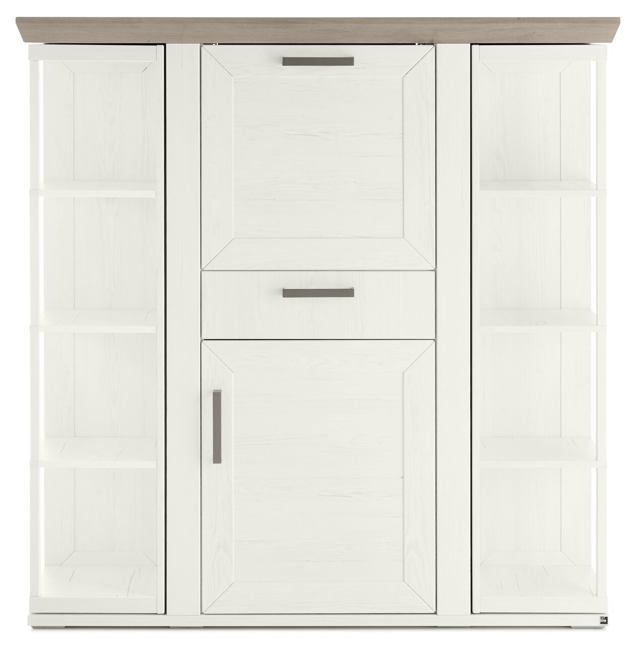 Frontale Ansicht eines weißen Highboards mit Karussell, zwei seitlichen Regalen und zwei Schubladen.