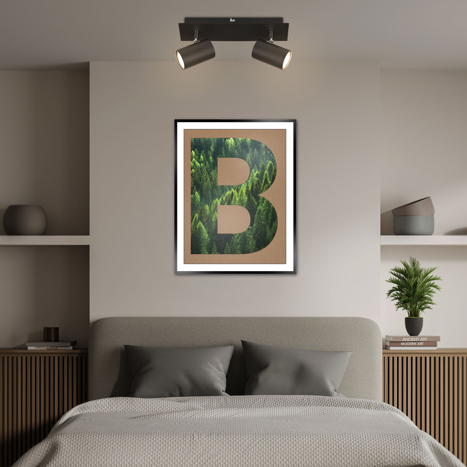 Briloner LED-Spot 2 flg ISIL A Zweiflammiger LED-Spot in modernem Design, an der Decke über einem stilvoll eingerichteten Schlafzimmer mit einem großen Bild an der Wand. Perspektive von vorne.