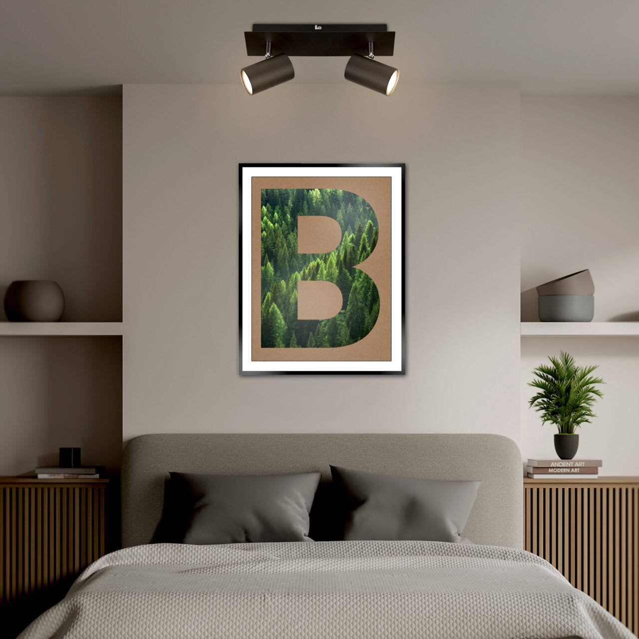 Zweiflammiger LED-Spot in modernem Design, an der Decke über einem stilvoll eingerichteten Schlafzimmer mit einem großen Bild an der Wand. Perspektive von vorne.