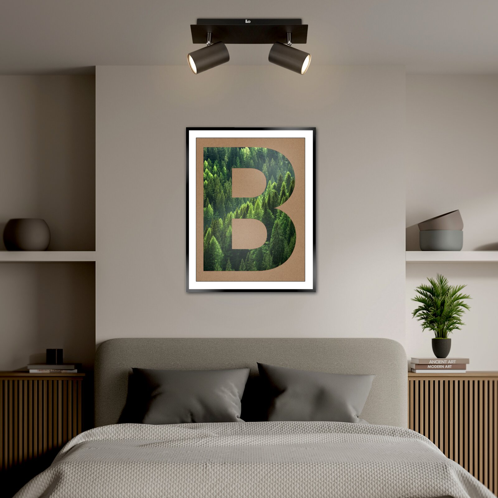 Briloner LED-spot met 2 lampen ISIL A Zweiflammiger LED-Spot in modernem Design, an der Decke über einem stilvoll eingerichteten Schlafzimmer mit einem großen Bild an der Wand. Perspektive von vorne.