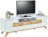 TV-Lowboard in Weiß mit Holzdetails, dekoriert mit Pflanzen und Vasen, seitliche Perspektive