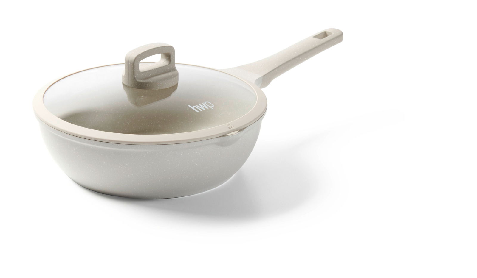 Grauer Kochtopf mit Glasdeckel und langem Griff, seitliche Perspektive