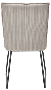 Rückansicht eines Stuhls mit gestreifter Polsterung und schwarzen Metallbeinen.
