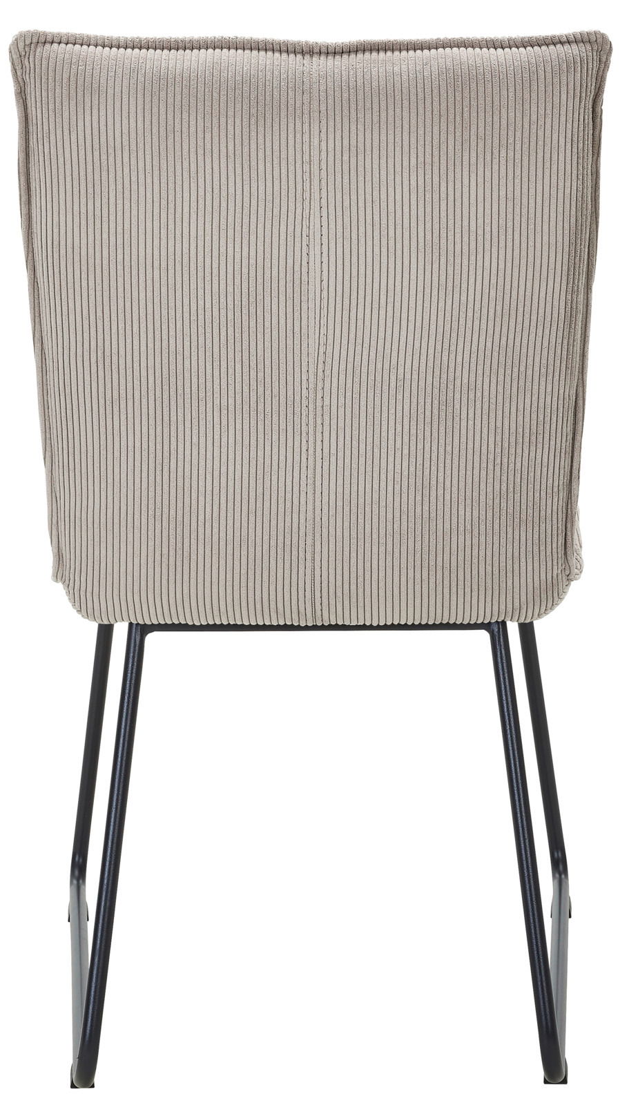 Rückansicht eines Stuhls mit gestreifter Polsterung und schwarzen Metallbeinen.