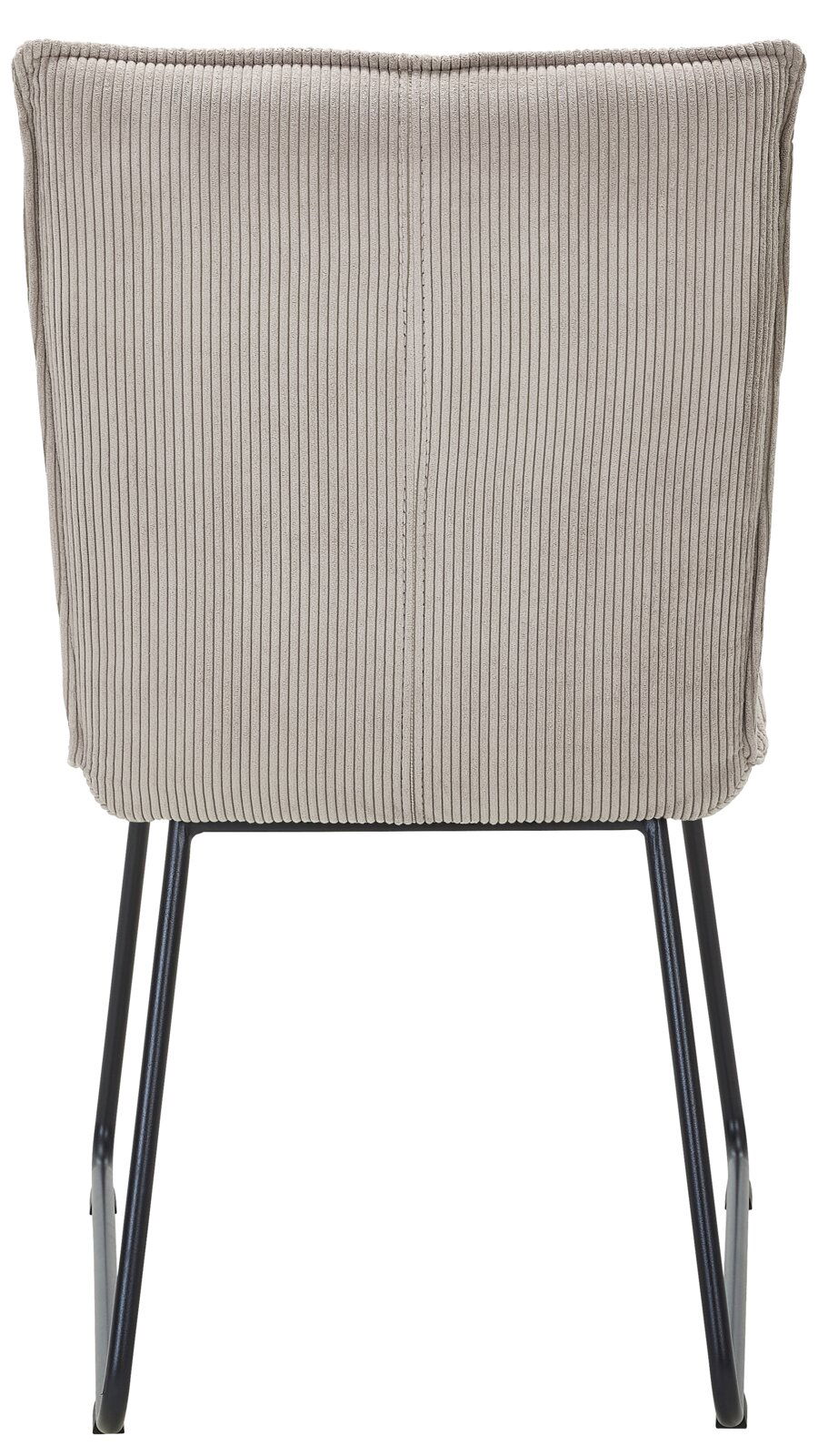 Rückansicht eines Stuhls mit gestreifter Polsterung und schwarzen Metallbeinen.