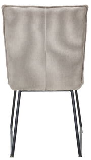Rückansicht eines Stuhls mit gestreifter Polsterung und schwarzen Metallbeinen.