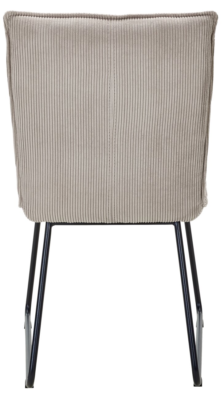 Johann Jakob Stuhl CALAS Rückansicht eines Stuhls mit gestreifter Polsterung und schwarzen Metallbeinen.