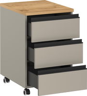 Rollcontainer mit drei offenen Schubladen, Holzoberfläche und Rollen, seitliche Perspektive