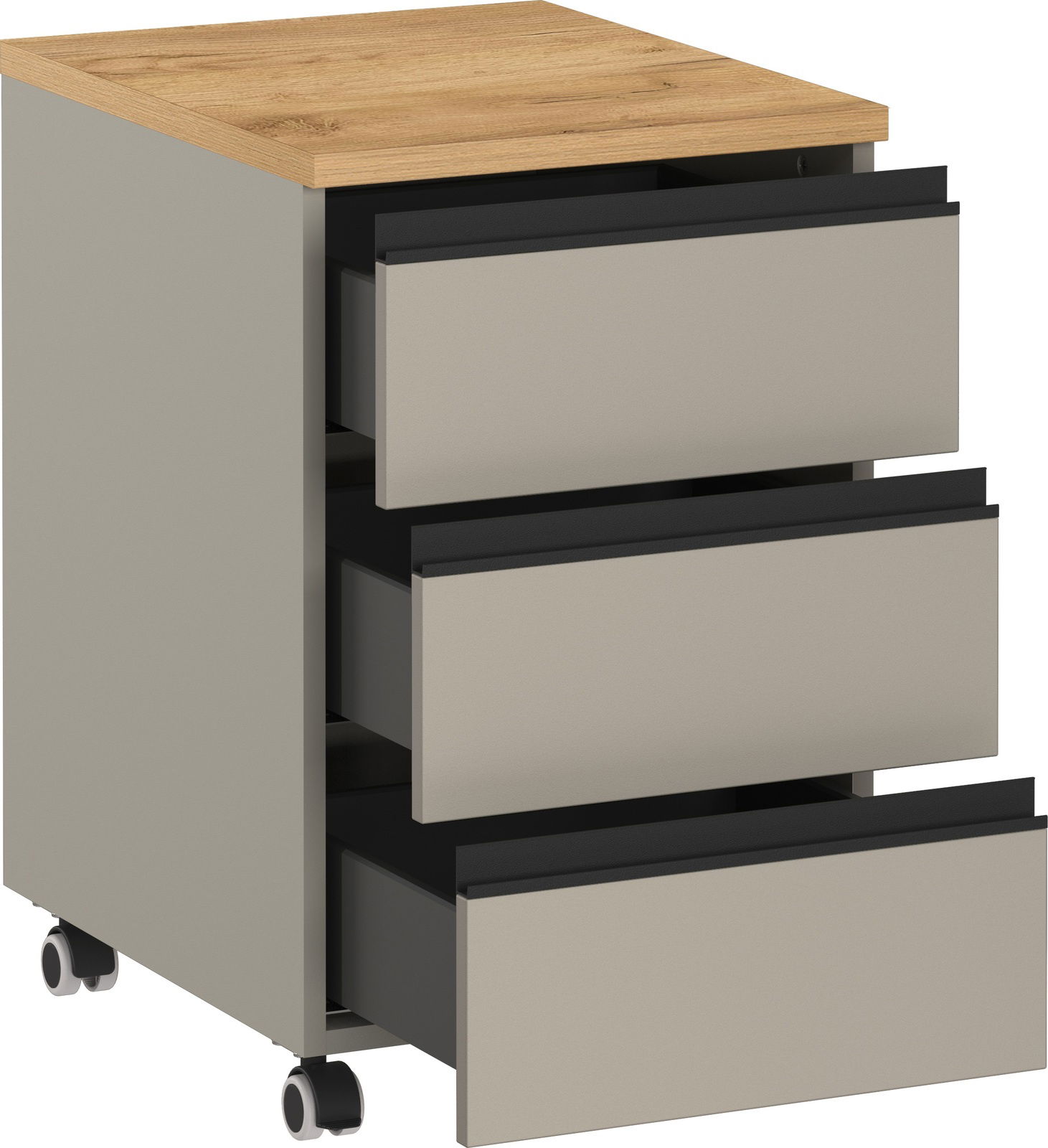 Rollcontainer mit drei offenen Schubladen, Holzoberfläche und Rollen, seitliche Perspektive