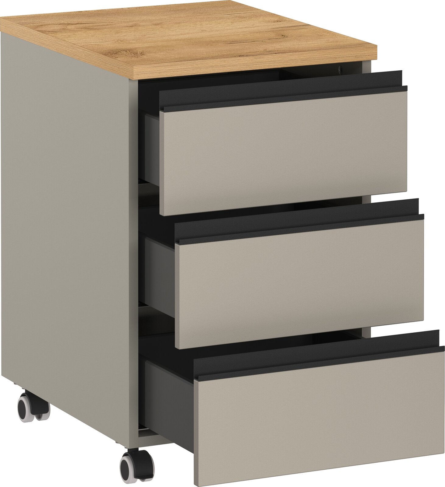 Rollcontainer mit drei offenen Schubladen, Holzoberfläche und Rollen, seitliche Perspektive