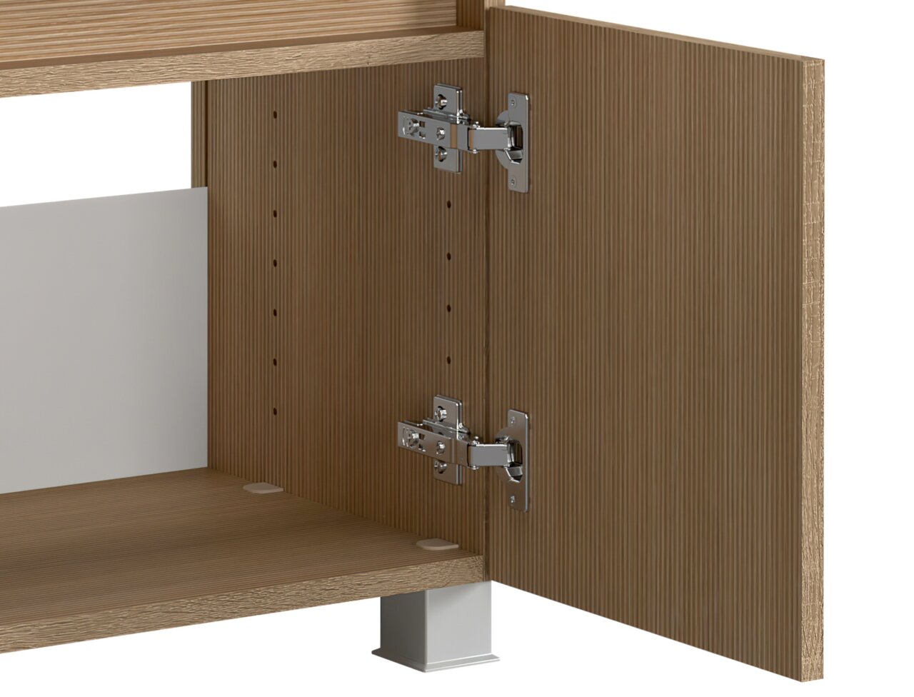 Geöffneter Waschbeckenunterschrank aus Holz mit sichtbaren Scharnieren, seitliche Perspektive