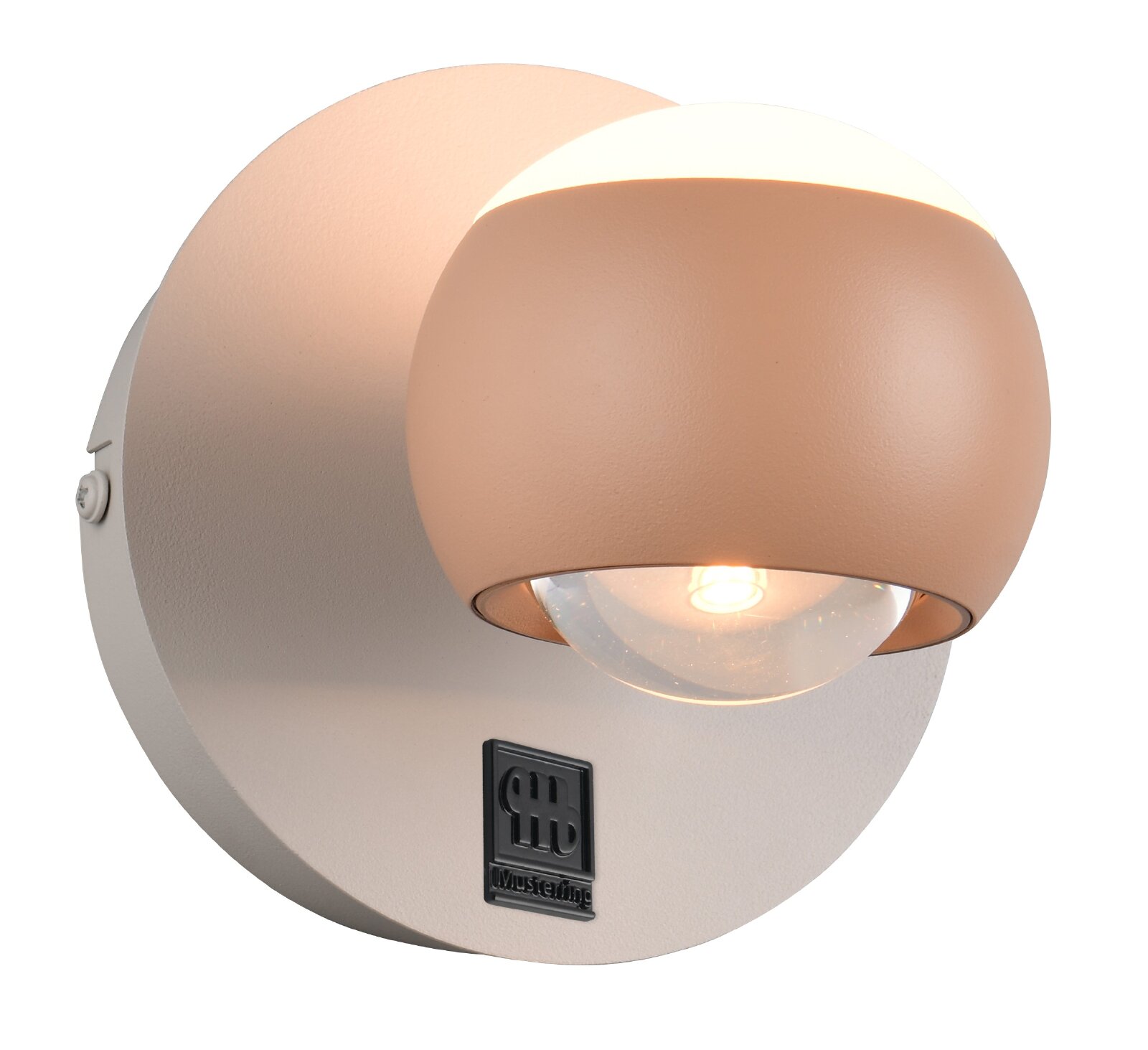 Musterring Wandleuchte CANNON Moderne runde Wandleuchte in Beige mit gewölbter Blende, warmweißem Licht und Lichtaustritt nach oben und unten, aus schräger Nahansicht von vorne