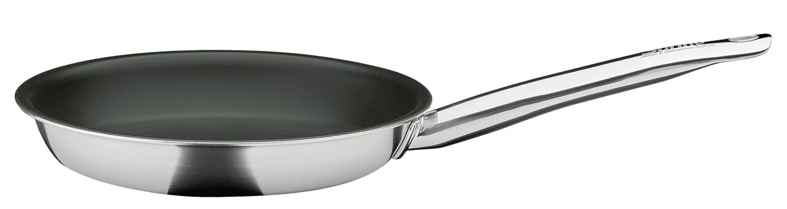 Spring Koekenpan 20 cm BRIGADE ULTIMATE Roestvrijstalen koekenpan met zwarte antiaanbaklaag en lange metalen steel, zijaanzicht op witte achtergrond