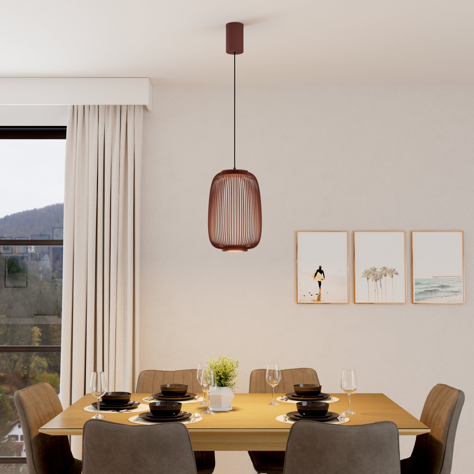 Dieter Knoll LED-Hängeleuchte HÄNGELEUCHTE Braune Pendelleuchte mit ovalem, offenem Lamellenschirm über einem Esstisch in modernem Esszimmer, frontale Ansicht auf das Produkt