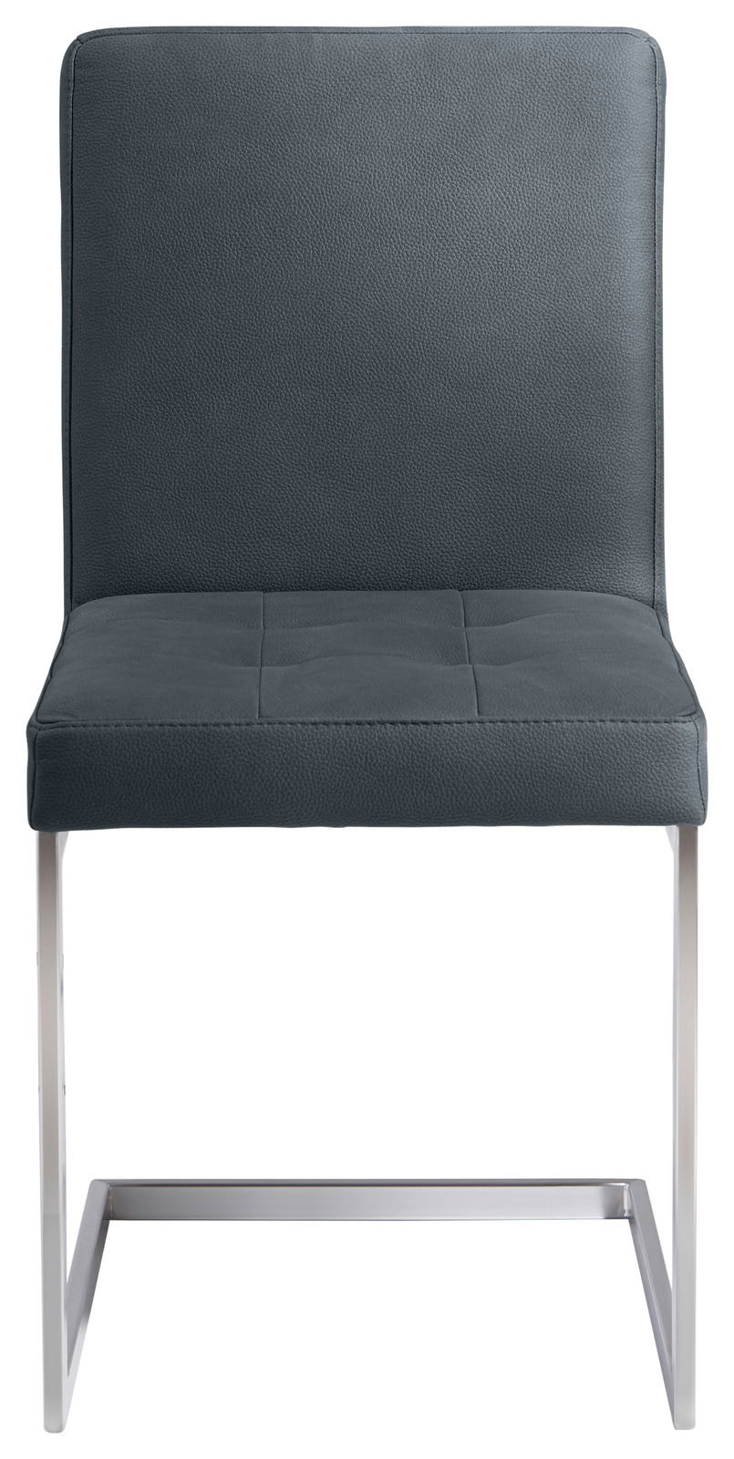 Moderner Freischwinger-Stuhl mit dunkelgrauem Polster und Metallgestell, Frontalansicht