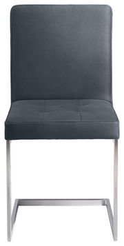 Moderner Freischwinger-Stuhl mit dunkelgrauem Polster und Metallgestell, Frontalansicht